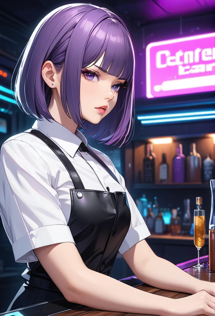 Adult Female, Black purple hair, slanted bob haircut, phlegmatic, stoic expression, perfect purple eyes, cyberpunk bar, bartender, bartender uniform, highly detailed, high quality, perfect quality, 8k, solid black pupils