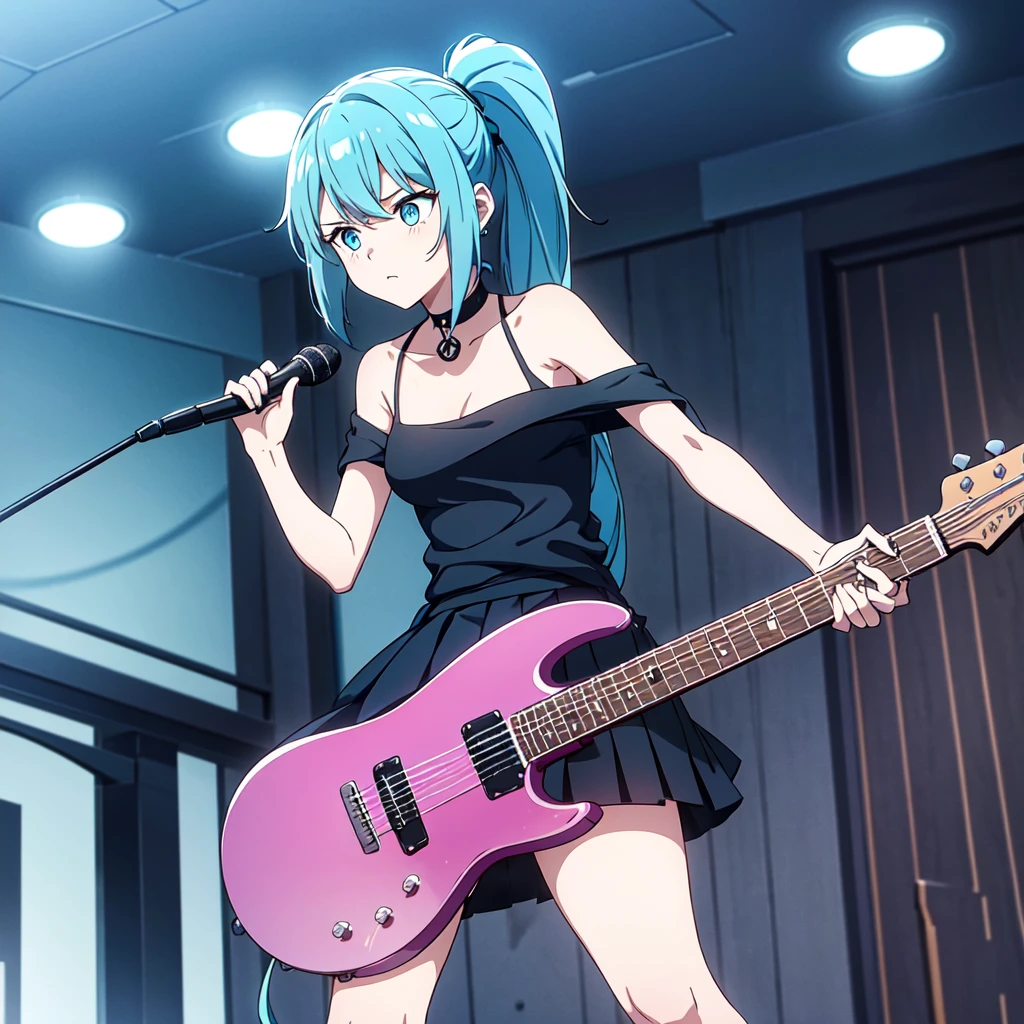 A masterpiece of a young woman, showcasing her unique style and musical talents. In the dimly lit interior, with soft blue accents on the walls, she stands confidently with one leg slightly raised, her electric guitar slung over her shoulder. Her striking features include piercing blue eyes, a double ponytail adorned with teal hair extensions, and a pleated skirt that flows like a dark waterfall down her legs. A black shirt accentuates her toned physique, while headphones wrap around her neck, a symbol of her passion for music. As she plays the guitar, her long hair cascades down her back, a mesmerizing sight as she sings with conviction, the spotlight on her face illuminating her radiant beauty.