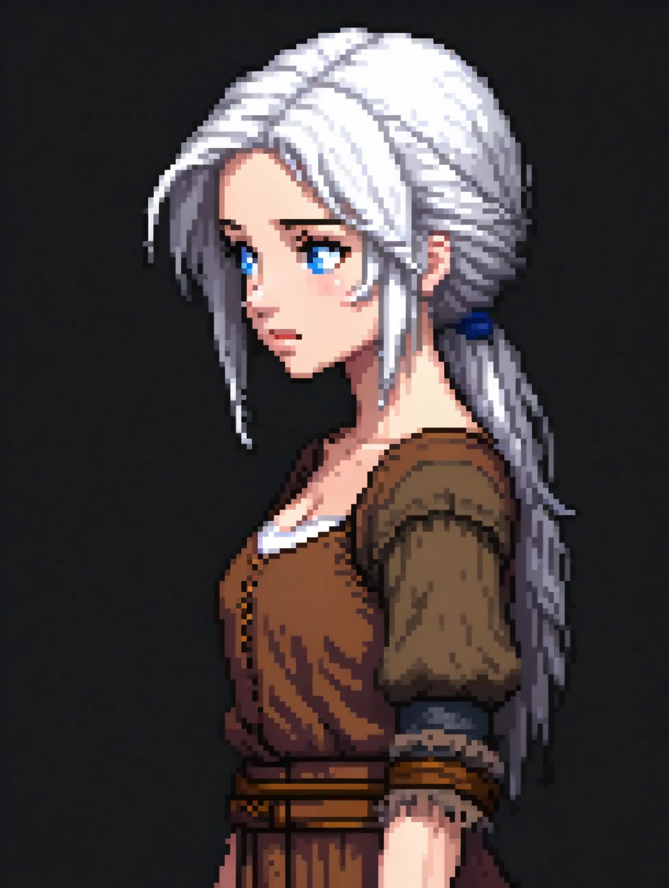 (Pixel art: 1.2), 1 young woman, 19 years old, medieval slave, white skin, white hair, wearing ragged and dirty brown peasant clothes, side view, full body, visible lips and nose, blue eyes, Black background, sad face, determined expression