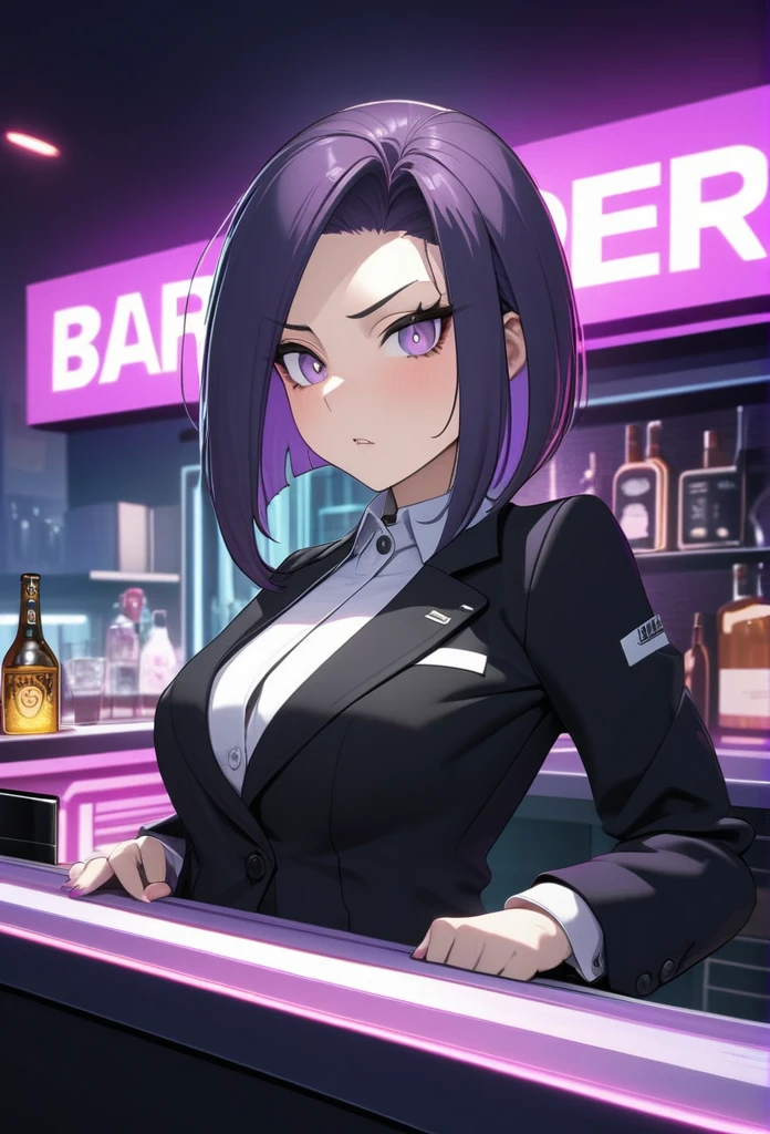 Adult Female, Black purple hair, slanted bob haircut, phlegmatic, stoic expression, perfect purple eyes, cyberpunk bar, bartender, bartender uniform, highly detailed, high quality, perfect quality, 8k, solid black pupils