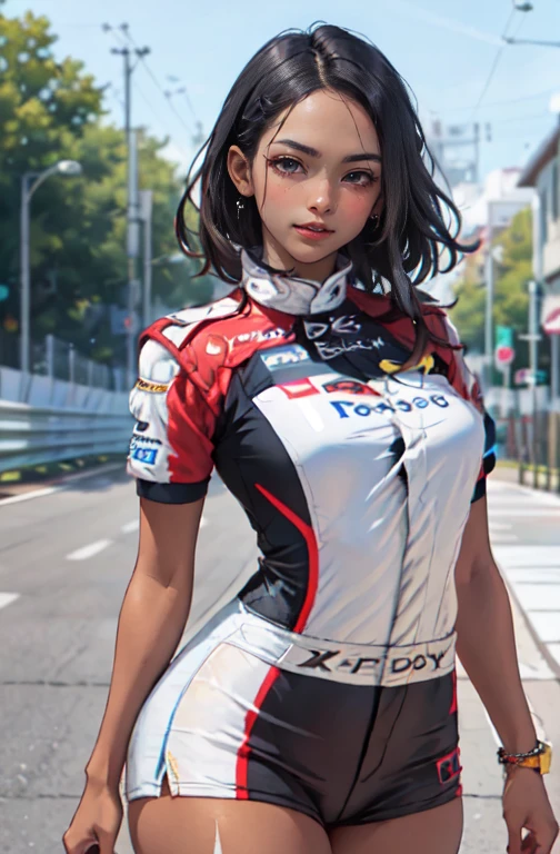 (work of art, best qualityer, hires, high resolution:1.2), (comely, Aesthetics, perfect, dainty, intricate:1.2), (Depth of field:1.2), (1 girl, standing alone), (mature woman), (darkskin, skin black, ebony:1.4), (a sexy racing driver leaning against the wall), (fleshy lips, Glossy lips), (shorth hair), (smiling), (racing driver uniform), (cowboy shot),