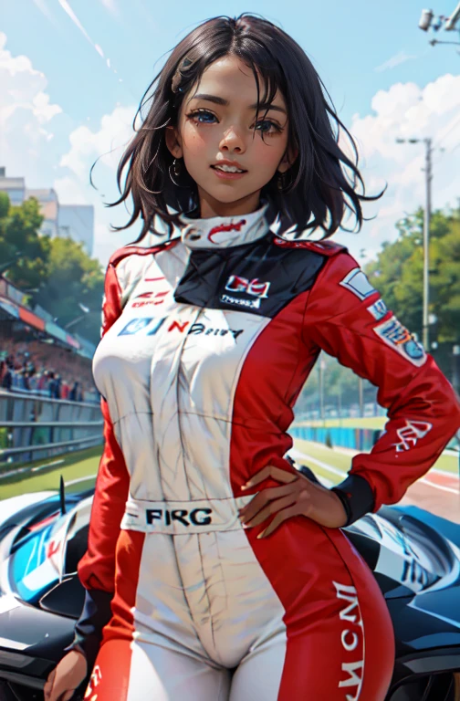 (work of art, best qualityer, hires, high resolution:1.2), (comely, Aesthetics, perfect, dainty, intricate:1.2), (Depth of field:1.2), (1 girl, standing alone), (mature woman), (darkskin, skin black, ebony:1.4), (a sexy racing driver leaning against the wall), (fleshy lips, Glossy lips), (shorth hair), (smiling), (racing driver uniform), (cowboy shot),