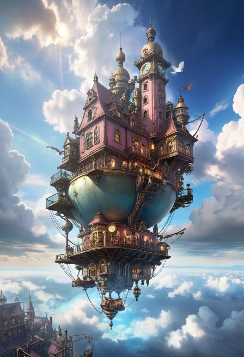 a steampunk city floating in the sky, detailed architecture, mysterious technology, cinematic lighting, dramatic clouds, 8k, highly detailed, intricate, beautiful, Miyazaki style, photorealistic, masterpiece, professional, vivid colors, dramatic lighting, dynamic composition