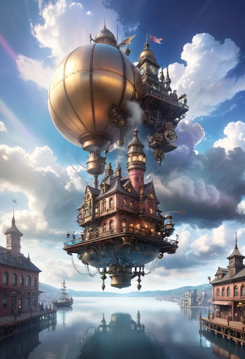 a steampunk city floating in the sky, detailed architecture, mysterious technology, cinematic lighting, dramatic clouds, 8k, highly detailed, intricate, beautiful, Miyazaki style, photorealistic, masterpiece, professional, vivid colors, dramatic lighting, dynamic composition