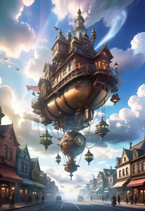 a steampunk city floating in the sky, detailed architecture, mysterious technology, cinematic lighting, dramatic clouds, 8k, hig...