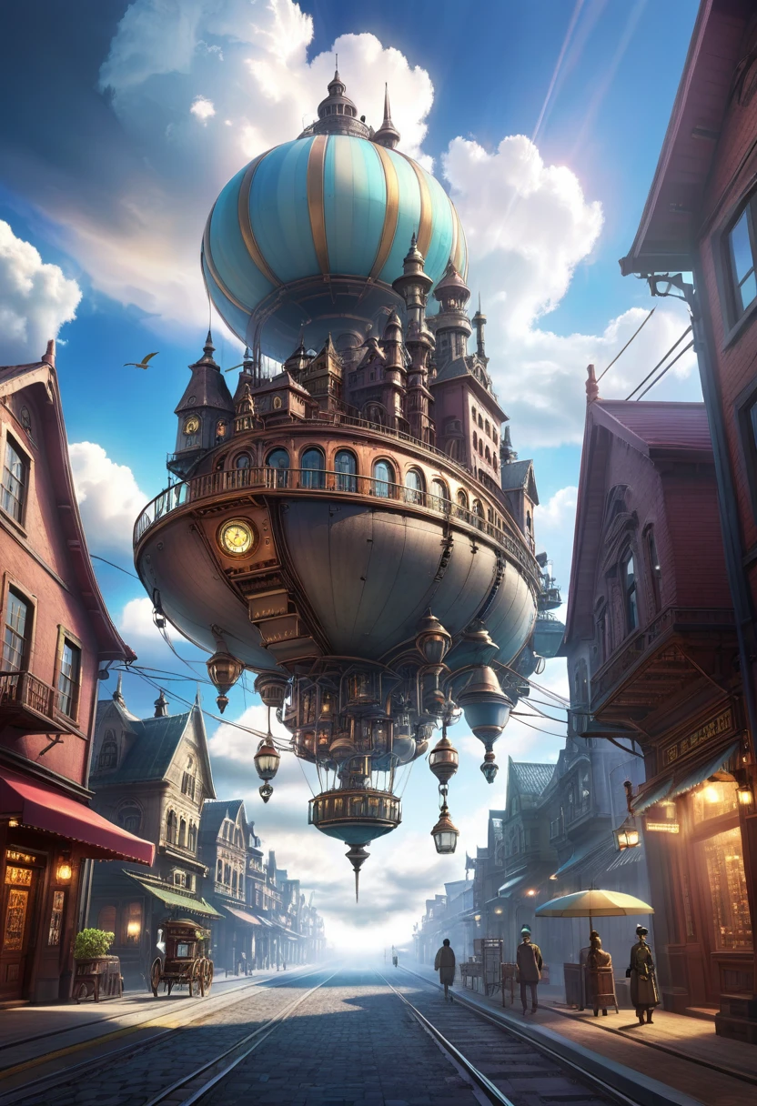 eine Steampunk-Stadt, die im Himmel schwebt, detaillierte Architektur, Mysteriöse Technologie, filmische Beleuchtung, dramatische Wolken, 8k, sehr detailliert, kompliziert, Schön, Miyazaki-Stil, fotorealistisch, Meisterwerk, Fachmann, lebendige Farben, dramatische Beleuchtung, dynamische Komposition