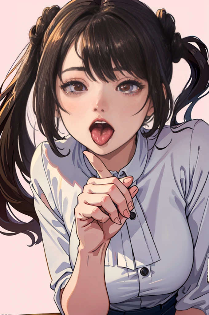 close up head photo, extremely detailed wide open mouth, a 21 year old girl licking her own hand fingers with a lot of saliva, saliva drooling, tongue out, ahegao face, her fingers touching her hand, brunette, coquette bun, low angle, from below