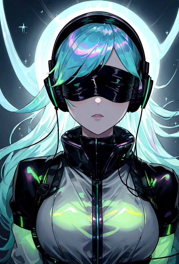 blindfolded girl wearing headphones, glowing iridescent colors, thick fabric blindfold covering eyes