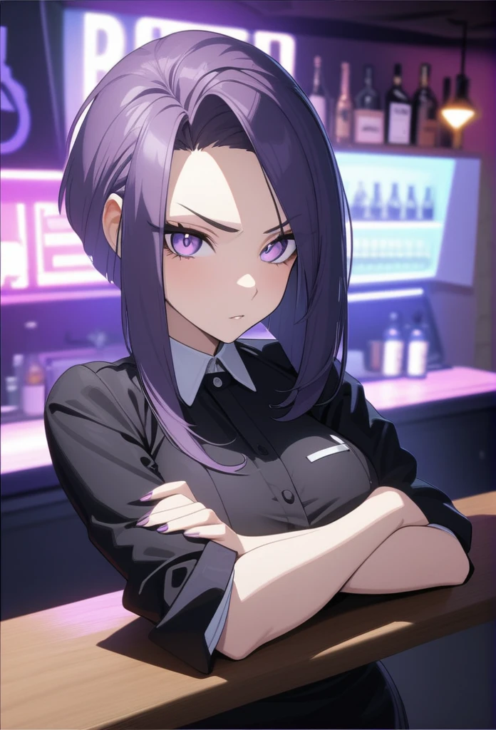 Adult Female, Black purple hair, slanted bob haircut, phlegmatic, stoic expression, perfect purple eyes, cyberpunk bar, bartender, bartender uniform, highly detailed, high quality, perfect quality, 8k, solid black pupils, crossed arms, leaning on bar