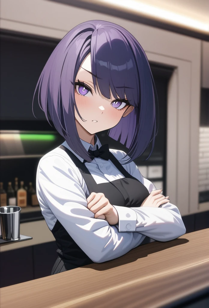 Adult Female, Black purple hair, slanted bob haircut, phlegmatic, stoic expression, perfect purple eyes, cyberpunk bar, bartender, bartender uniform, highly detailed, high quality, perfect quality, 8k, solid black pupils, crossed arms, leaning on bar