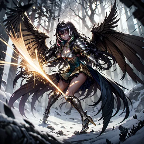 Young demigoddess, long black hair with rainbow highlights, golden eyes, armored dress, battle dress, snowy forest, large single...