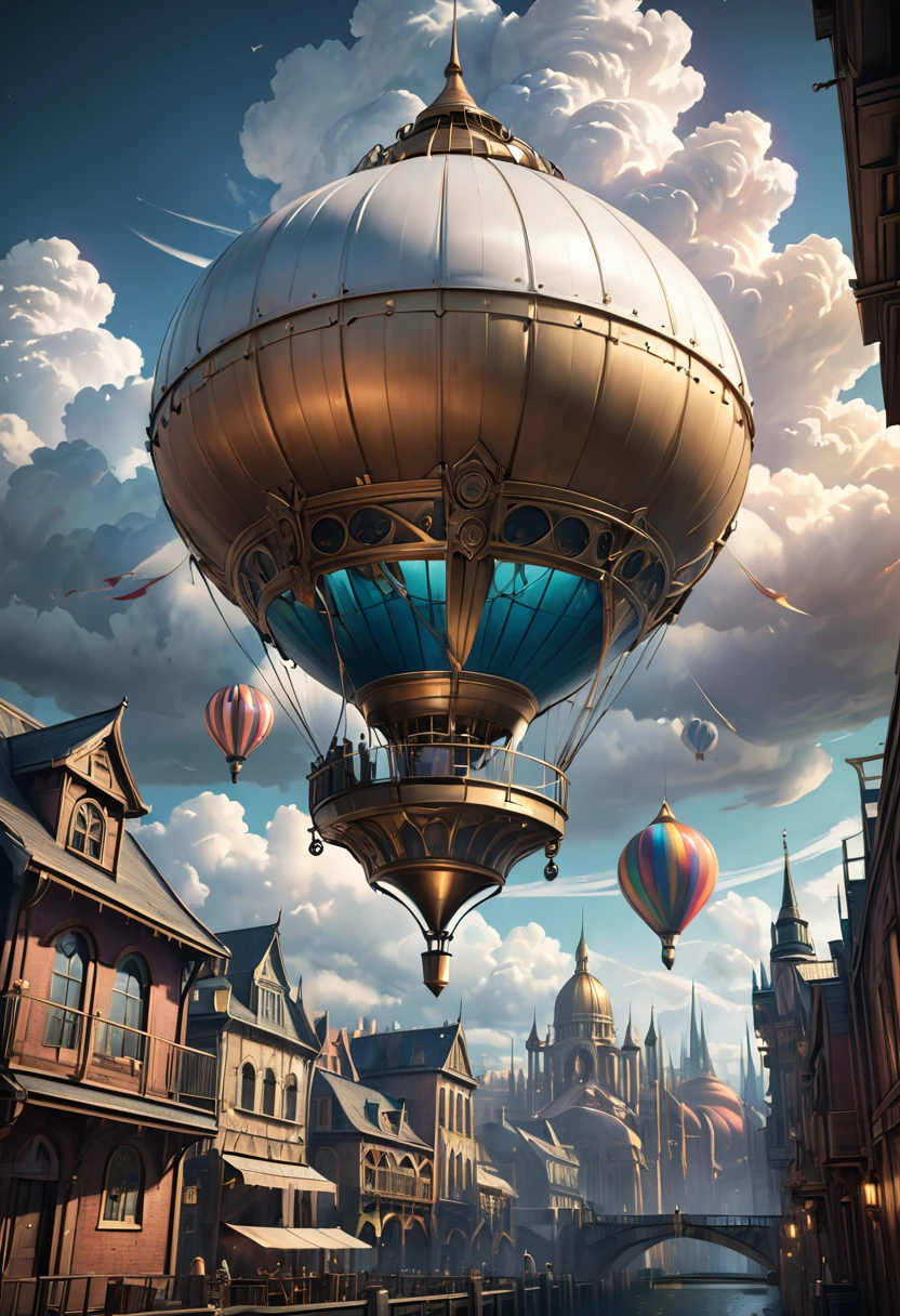 Ville steampunk détaillée 8k flottant dans le ciel, Architecture élaborée, technologie mystique, Éclairage dramatique, nuages dramatiques, détails complexes, couleurs vives, Ultraréaliste, Station artistique, art conceptuel