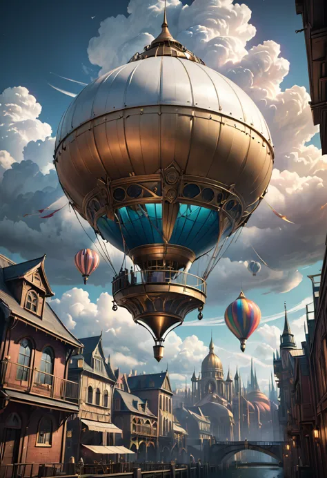 8k detailed steampunk city floating in the sky, elaborate architecture, mystical technology, dramatic lighting, dramatic clouds,...