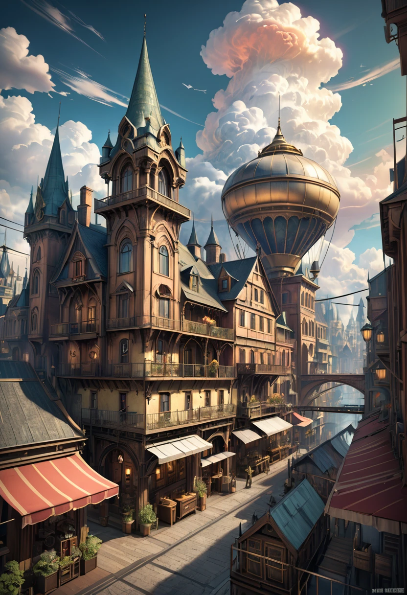 8k detaillierte Steampunk-Stadt, die im Himmel schwebt, aufwendige Architektur, mystische Technologie, dramatische Beleuchtung, dramatische Wolken, komplizierte Details, leuchtende Farben, ultrarealistisch, artstation, Konzeptkunst