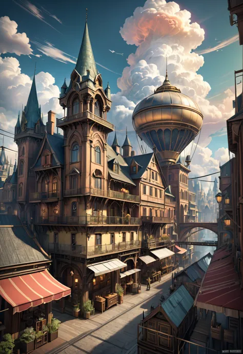 8k detailed steampunk city floating in the sky, elaborate architecture, mystical technology, dramatic lighting, dramatic clouds,...