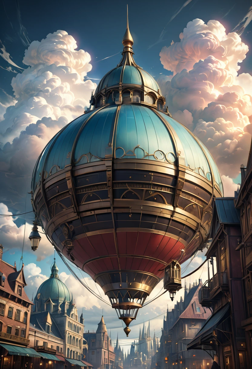 8k detailed steampunk city floating in the sky, elaborate architecture, mystical technology, dramatic lighting, dramatic clouds, intricate details, vibrant colors, ultrarealistic, artstation, concept art