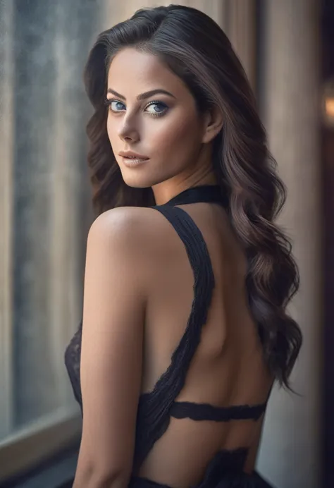 an amazing portrait of a beautiful brunette woman in dark dress, dark brown eyes, dark hair, straight hair, ponytail, great faci...