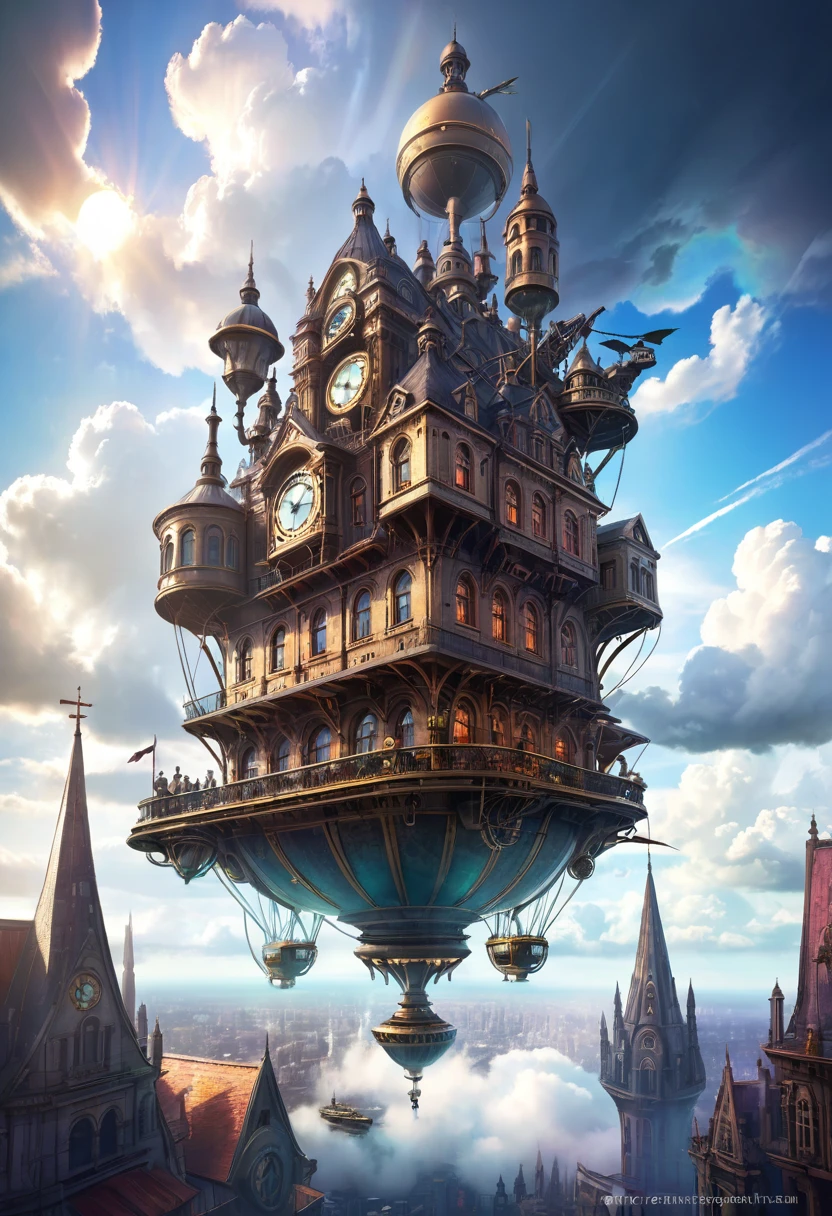 8k detailed steampunk city floating in the sky, elaborate architecture, mystical technology, dramatic lighting, dramatic clouds, intricate details, vibrant colors, ultrarealistic, artstation, concept art