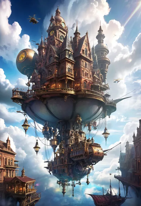 8k detailed steampunk city floating in the sky, elaborate architecture, mystical technology, dramatic lighting, dramatic clouds,...