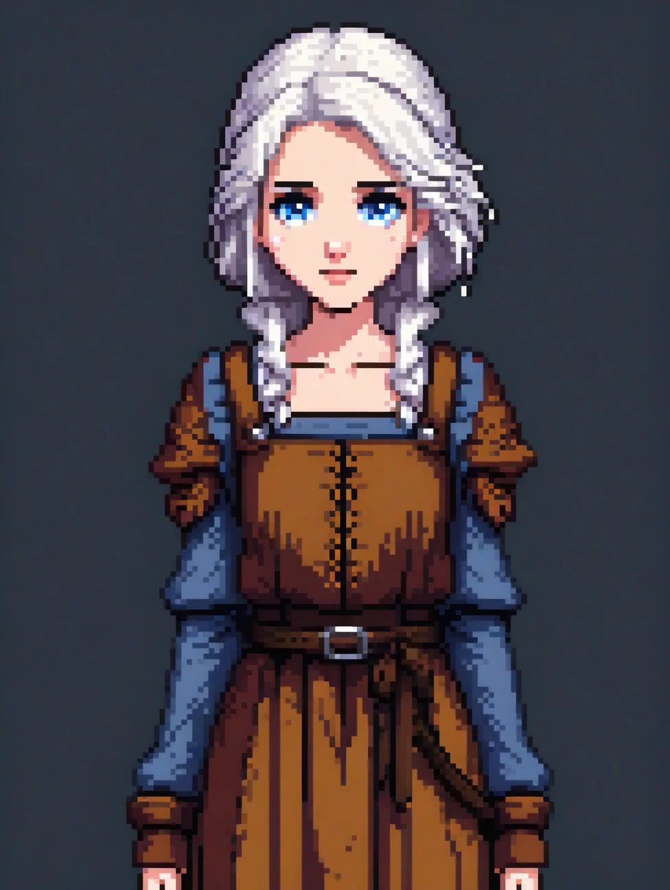 (Pixel art: 1.2), 1 junge Frau, 2, mittelalterlich, weißes Haar, braune Bauernkleidung, Vorderansicht, Ganzkörper, sichtbare Lippen und Nase, blaue Augen, schwarzer Hintergrund, Trauriges Gesicht, entschlossener Ausdruck