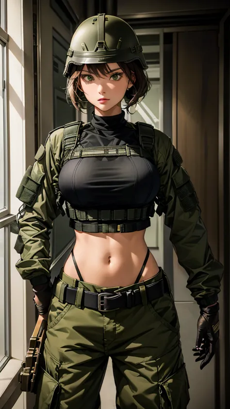 Women in crop top military bulletproof vest , military green cargo pants, belt, military helmet, tactical, open navel, not skinn...