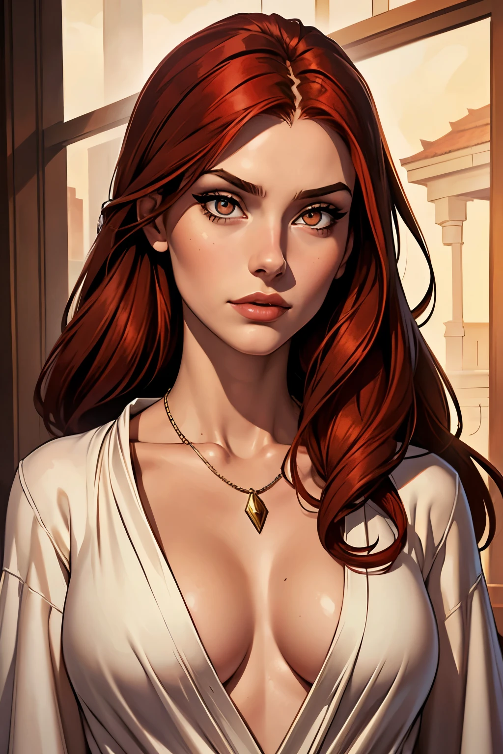 best qualityer, work of art, (realisitic: 1.2), 1 girl, slender girl, Red hair, eyes browns, front, face detailed, gorgeous eyes, eyes browns, eyes large, breasts small, neckleace, long robe