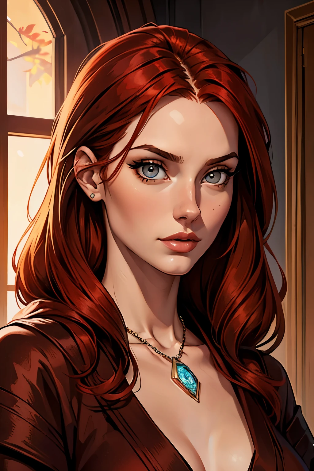 best qualityer, work of art, (realisitic: 1.2), 1 girl, slender girl, Red hair, eyes browns, front, face detailed, gorgeous eyes, eyes browns, eyes large, breasts small, neckleace, long robe