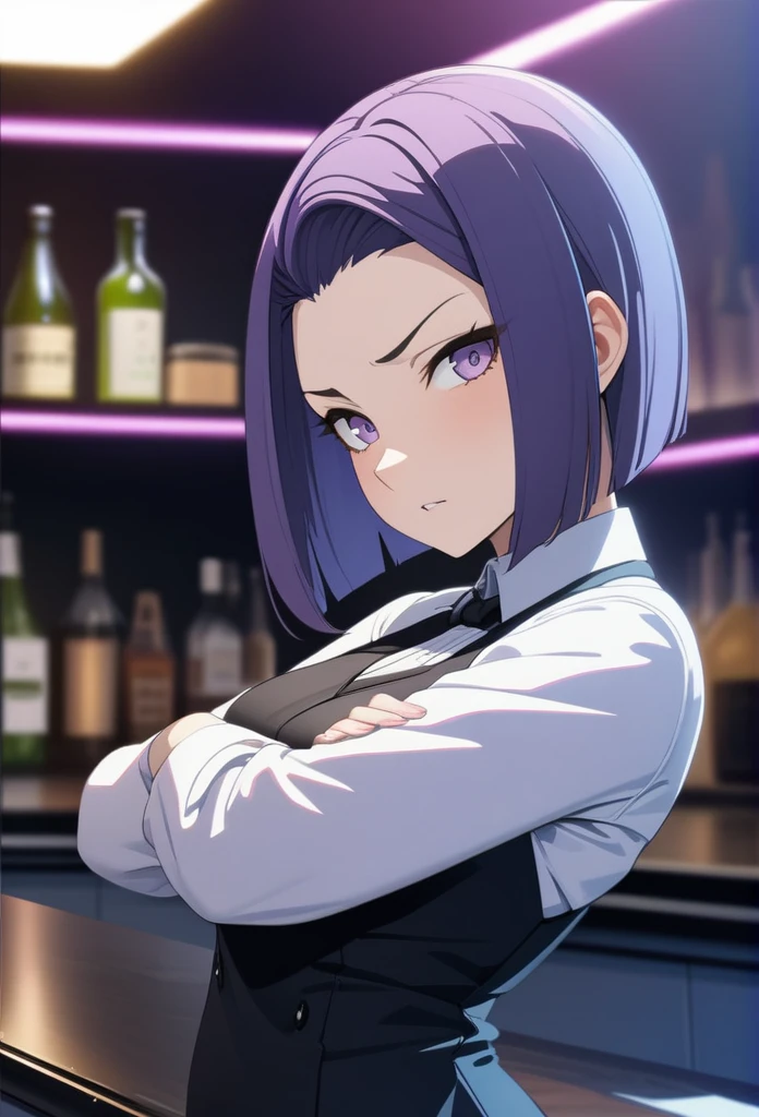 Adult Female, Black purple hair, slanted bob haircut, phlegmatic, stoic expression, perfect purple eyes, cyberpunk bar, bartender, bartender uniform, highly detailed, high quality, perfect quality, 8k, best details, crossed arms, leaning back on bar