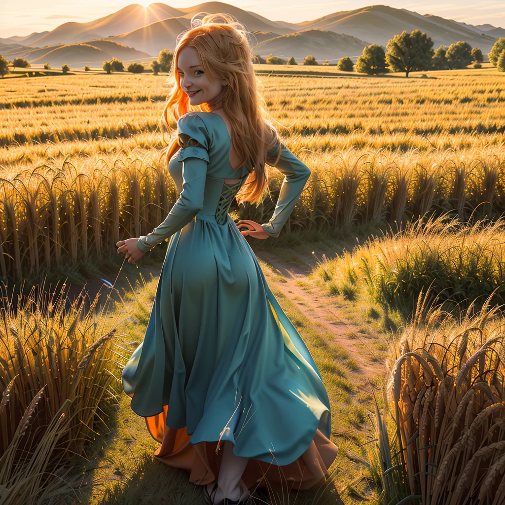 1 girl, solo, long orange hair, running, (high wheat field), turning around, emerald eyes, long blue dress, middle ages, medieval outfit, long sleeves sunset, light from behind, shadow on the figure, smile, laughter, (blue sky), against the background of wheat, standing in the distance, looking at the viewer, full-length