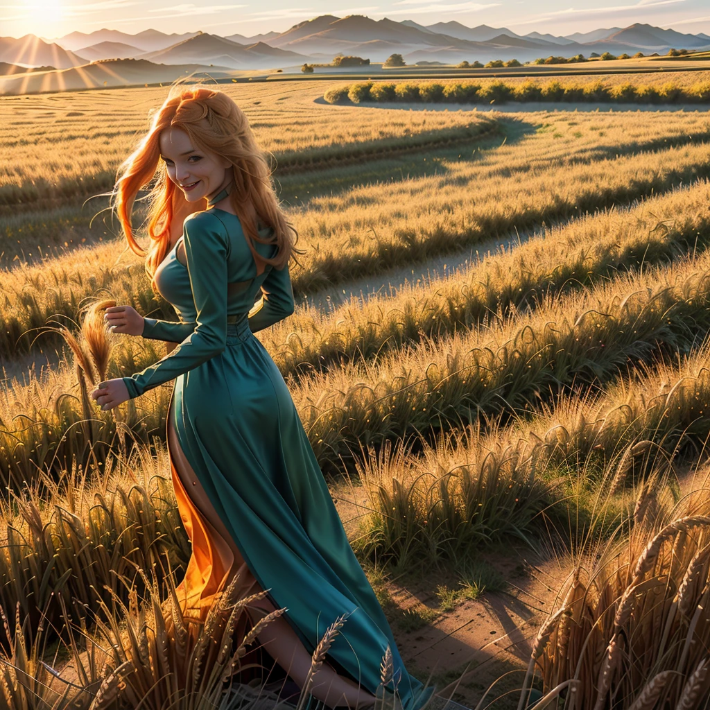 1 girl, solo, long orange hair, running, (high wheat field), turning around, emerald eyes, long blue dress, middle ages, medieval outfit, long sleeves sunset, light from behind, shadow on the figure, smile, laughter, (blue sky), against the background of wheat, standing in the distance, looking at the viewer, full-length