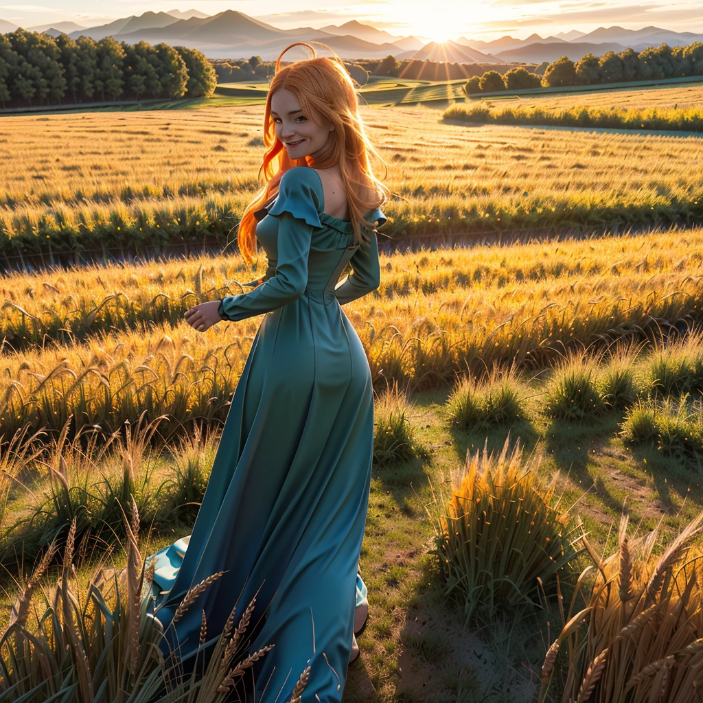 1 girl, solo, long orange hair, running, (high wheat field), turning around, emerald eyes, long blue dress, middle ages, medieval outfit, long sleeves sunset, light from behind, shadow on the figure, smile, laughter, (blue sky), against the background of wheat, standing in the distance, looking at the viewer, full-length