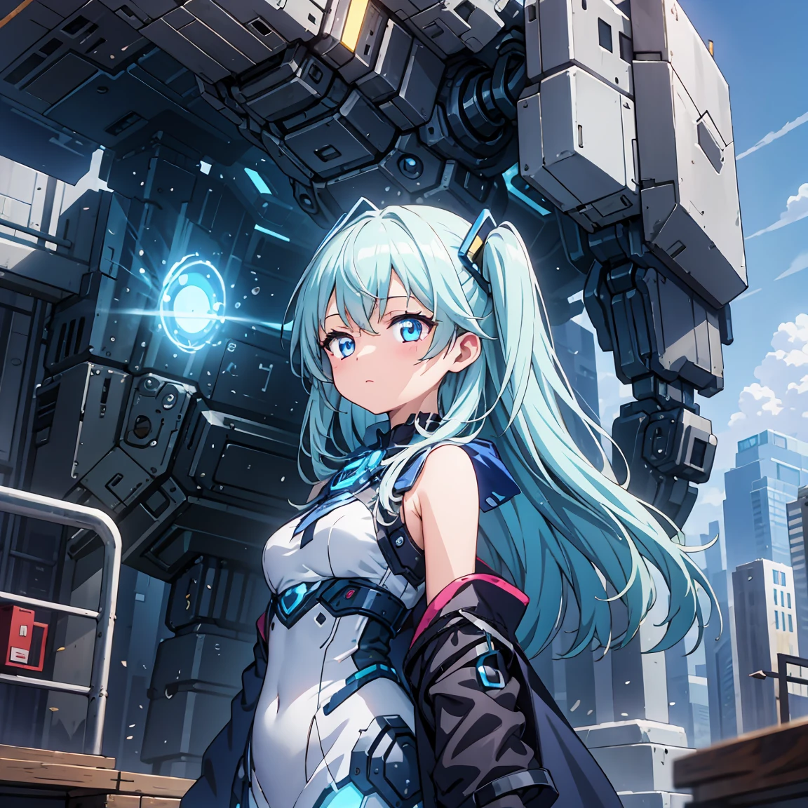 Anime, 2 Characters, (1 Little Anime Girl, Silver Blue Hair, blue glowing star-shaped eyes); (1 Robot, Mech, Tall, Cape, Luminous Eyes, Chunky, Fantasy, Lights, outdated, old style, bronze silver), Nature, Biomes with mountains