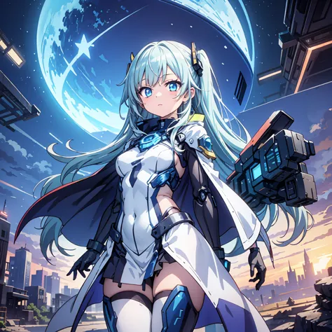 Anime, 2 Characters, (1 Little Anime Girl, Silver Blue Hair, blue glowing star-shaped eyes); (1 Robot, Mech, Tall, Cape, Luminou...