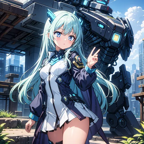 Anime, 2 Characters, (1 Little Anime Girl, Silver Blue Hair, blue glowing star-shaped eyes); (1 Robot, Mech, Tall, Cape, Luminou...