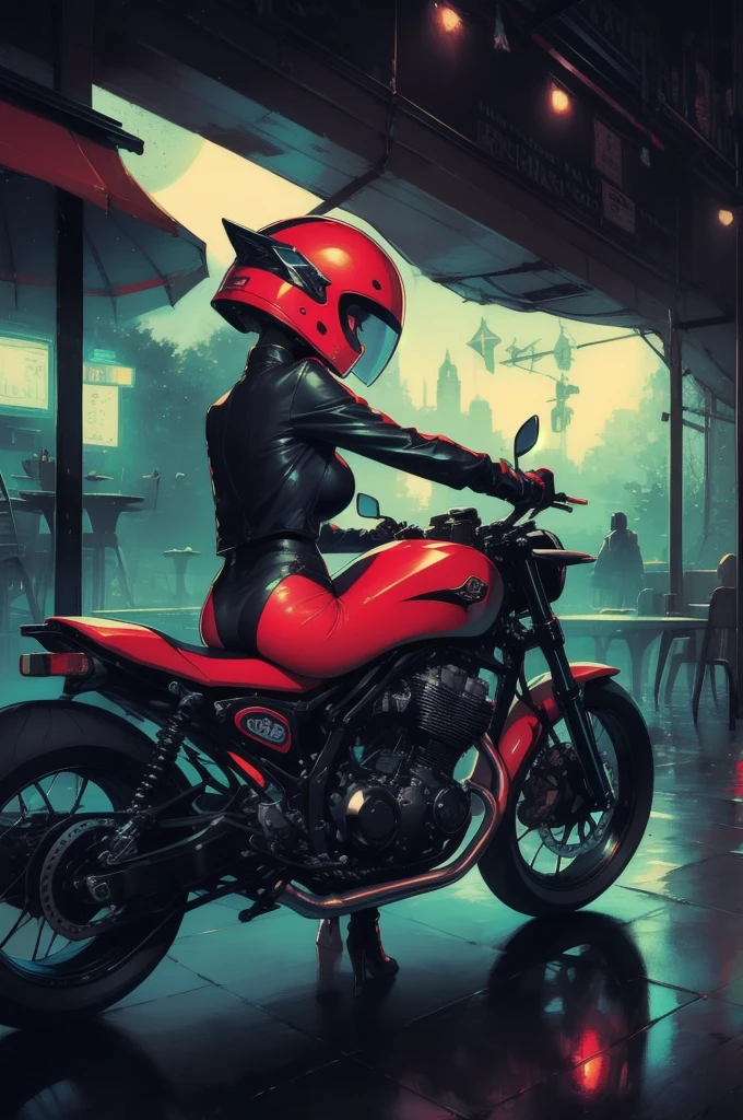 (masterpiece), (Highest quality), (The finest details), (Overall view of the distant view), (Postage stamps),(The main color of the illustration: Bright saturated red), (Secondary Color: lapis lazuli), A red cafe racer bike driven by a woman in a rebellious pose, very detailed chassis, Futuristic Western Landscape, night (Many Stars, moon), shading (detailed, Very contrasting), Very saturated pulp colors