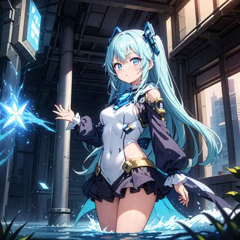 Anime, 2 Characters, (1 Little Anime Girl, Silver Blue Hair, blue glowing star-shaped eyes); (1 Robot, Mech, Tall, Cape, Luminou...