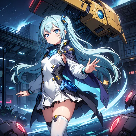 anime, 2 characters, (1 little anime girl, silver blue hair, blue glowing star-shaped eyes); (1 robot, mech, tall, cape, luminou...