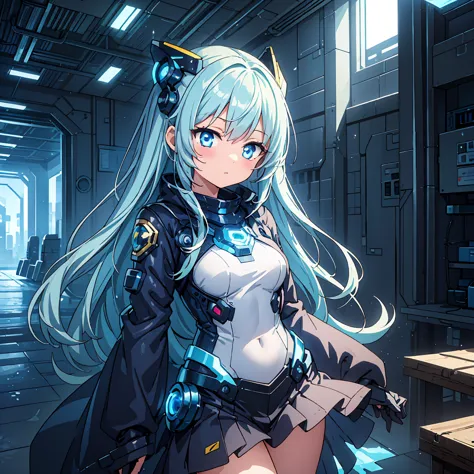 Anime, 2 Characters, (1 Little Anime Girl, Silver Blue Hair, blue glowing star-shaped eyes); (1 Robot, Mech, Tall, Cape, Luminou...