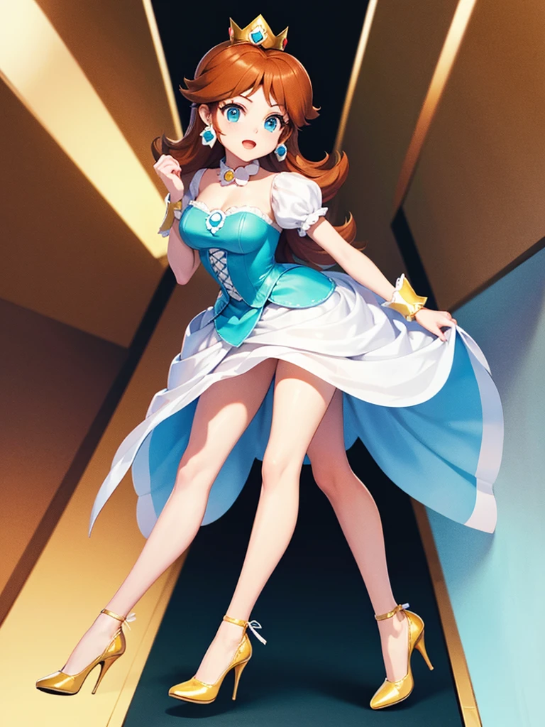 high heels cross straps knee high shoes, princess daisy, full body
