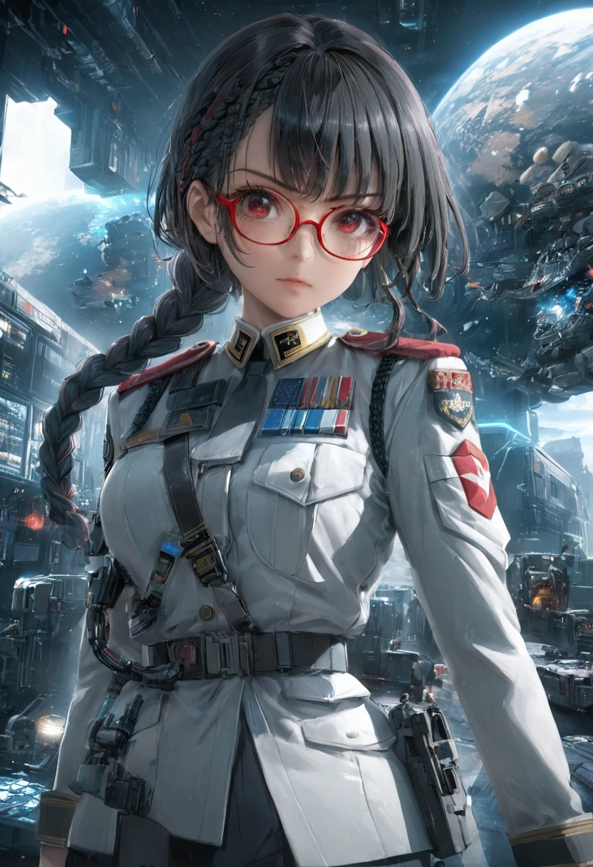 a detailed, highly realistic anime-inspired movie poster for the sci-fi war action anime series "86", featuring a beautiful young adult woman with long black hair, bangs, and red-framed glasses, wearing a military general's uniform, against a dramatic science fiction background, with high-quality 3D facial details, intricate braided hairstyles, and vivid, cinematic lighting and color tones.