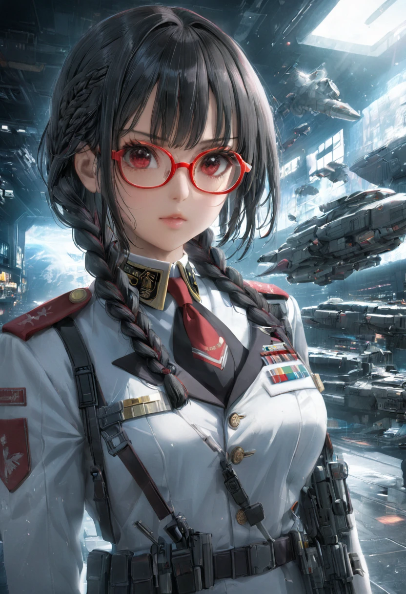 a detailed, highly realistic anime-inspired movie poster for the sci-fi war action anime series "86", featuring a beautiful young adult woman with long black hair, bangs, and red-framed glasses, wearing a military general's uniform, against a dramatic science fiction background, with high-quality 3D facial details, intricate braided hairstyles, and vivid, cinematic lighting and color tones.