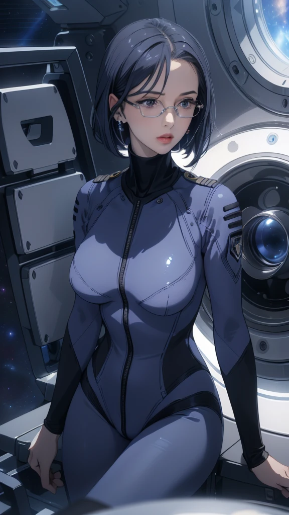 a beautiful young girl with short blue hair, a light smile, brown eyes, hair clips, lips, stud earrings, semi-rimless eyewear, wearing a glossy blue bodysuit, with a large buttocks and large breasts, (best quality,4K,8K,highres,masterpiece:1.2),ultra-detailed,(realistic,photorealistic,photo-realistic:1.37),highly detailed face, extremely detailed eyes and face, long eyelashes, beautiful detailed eyes, beautiful detailed lips, concept art, cinematic lighting, vibrant colors, hyper-realistic,((Navy blue bodysuit))(Glasses)((Inside the spaceship))((Sit on a chair and cross your legs))((Shiny bodysuit))