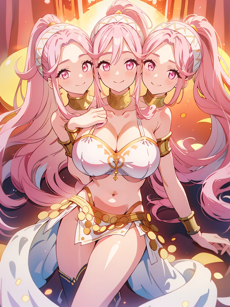 (masterpiece, best quality), best resolution, (3heads:1.5), 1girl, pink hair, long flowing hair, smiling, soft smile, open belly, white crop top, white miniskirt, open breasts, huge , sexy pose, ponytail, golden headband, 
