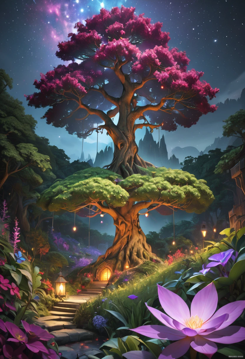 1 девушка, Подробная красивая фантазия волшебное растение лес, звездное ночное небо, темный мистический фон, светящиеся фиолетово-красные огни, Мировое дерево Иггдрасиль, (Лучшее качество,4k,8К,Высокое разрешение,шедевр:1.2),ультрадетализированный,(реалистичный,photoреалистичный,photo-реалистичный:1.37),сложные детали,концептуальное искусство,цифровая живопись,очень подробный,кинематографическое освещение,Драматическое освещение,яркие цвета,драматический контраст