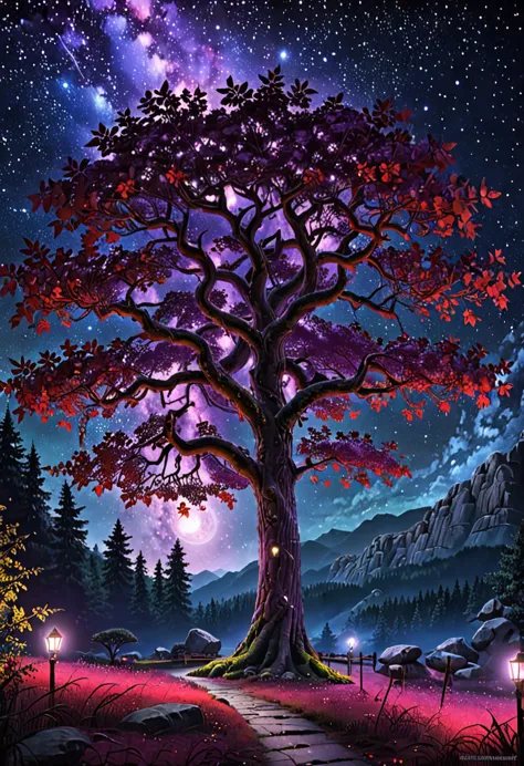 1girl, detailed beautiful fantasy magical plant forest, starry night sky, dark mystical background, glowing purple red lights, w...