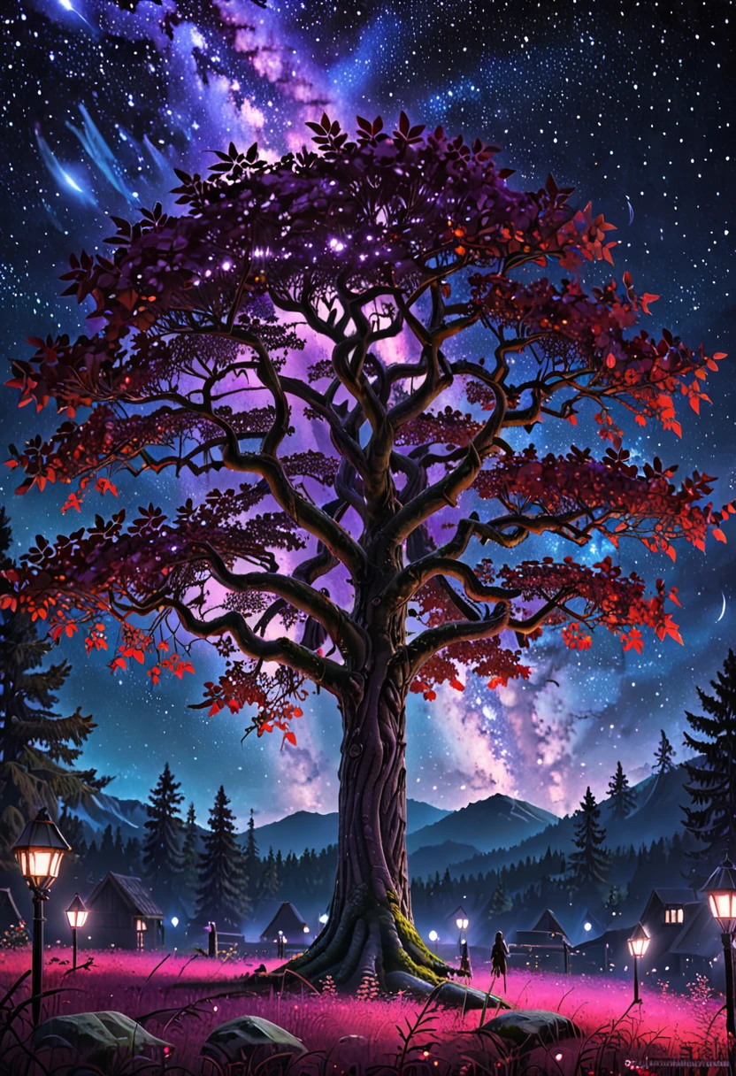 1girl, detailed beautiful fantasy magical plant forest, starry night sky, dark mystical background, glowing purple red lights, world tree yggdrasil, (best quality,4k,8k,highres,masterpiece:1.2),ultra-detailed,(realistic,photorealistic,photo-realistic:1.37),intricate details,concept art,digital painting,highly detailed,cinematic lighting,dramatic lighting,vibrant colors,dramatic contrast