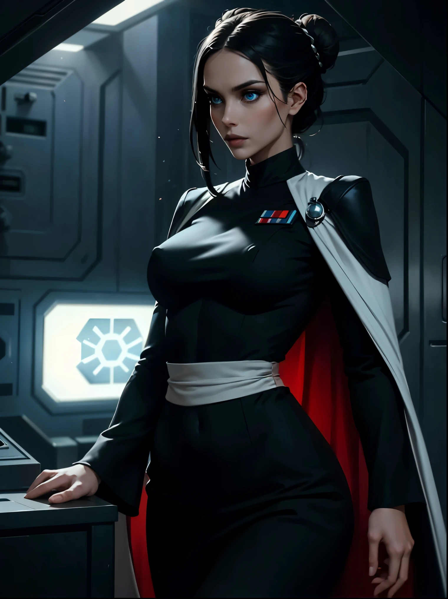 Incredibly detailed wide angle shot shot of a gorgeous and skinny woman with EXTREMELY saggy big breasts, nipples visible through clothing, a narrow waist, a incredibly supermodel thin body, with VERY narrow hips, super thin legs, (bimbo lips), vivid blue eyes, extremely detailed face, thoughtful expression, (long ((black)) hair styled in bun), Star Wars Imperial Officer black uniform, wearing a white cape, matte paint, atmospheric, dramatic lighting, standing inside an imperial space ship.