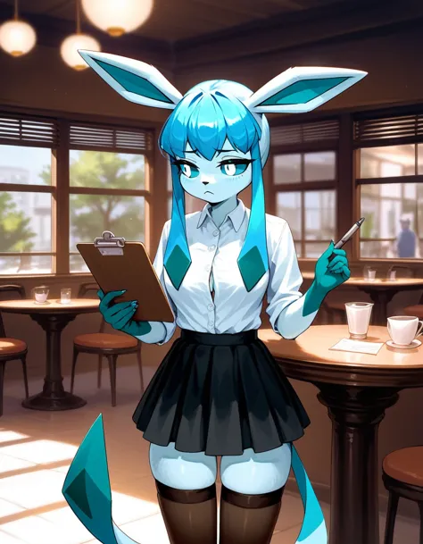 solo, score_9,score_8_up,score_7_up, source_furry, an anthro furry glaceon female, blue sclera, white eyes, wearing white button...