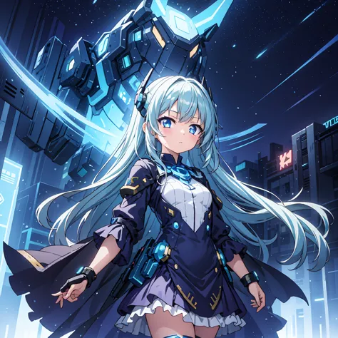 Anime, 2 Characters, (1 Little Anime Girl, Silver Blue Hair, blue glowing star-shaped eyes); (1 Robot, Mech, Tall, Cape, Luminou...