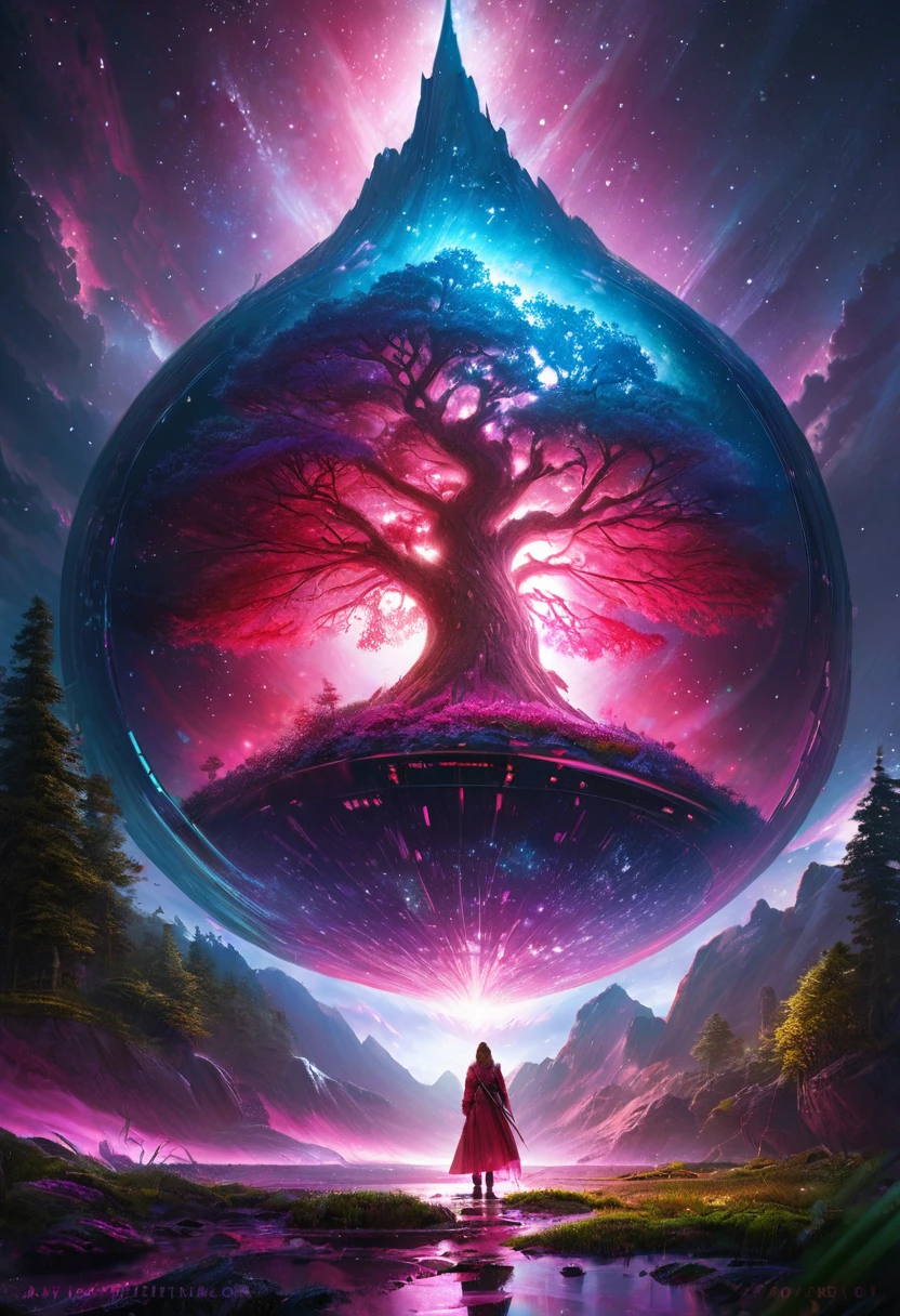 1girl, detailed beautiful fantasy magical plant forest, starry night sky, dark mystical background, glowing purple red lights, world tree yggdrasil, (best quality,4k,8k,highres,masterpiece:1.2),ultra-detailed,(realistic,photorealistic,photo-realistic:1.37),intricate details,concept art,digital painting,highly detailed,cinematic lighting,dramatic lighting,vibrant colors,dramatic contrast